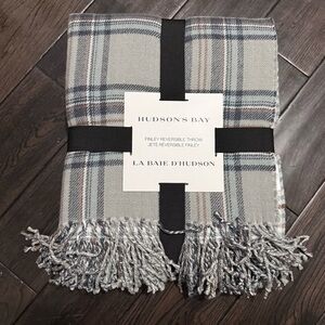 Hudson's Bay Reversible Finley Throw Blanket in Grey, Navy and Brown Tartan